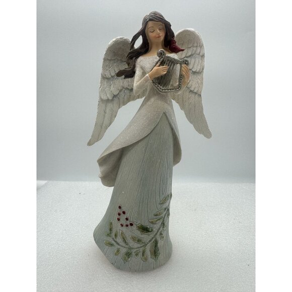 Tall Resin Angel Playing Harp Figurine Christmas Decor Cardinal Bird - Picture 1 of 7